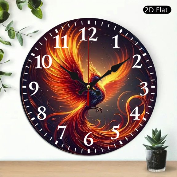 Round Wall Clock Phoenix Bird Design Decorative Hanging Clock Silent Analog Timepiece for Home Office Decor 10x10 Inch 1pc Battery Not Included