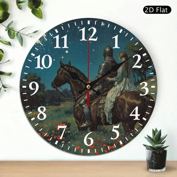 Round Wall Clock Romantic Knight And Lady In Starry Field Art Print, Decorative Silent Non-Ticking Clock For Home Decor, 10x10 Inch, 1pc, Battery Not Included