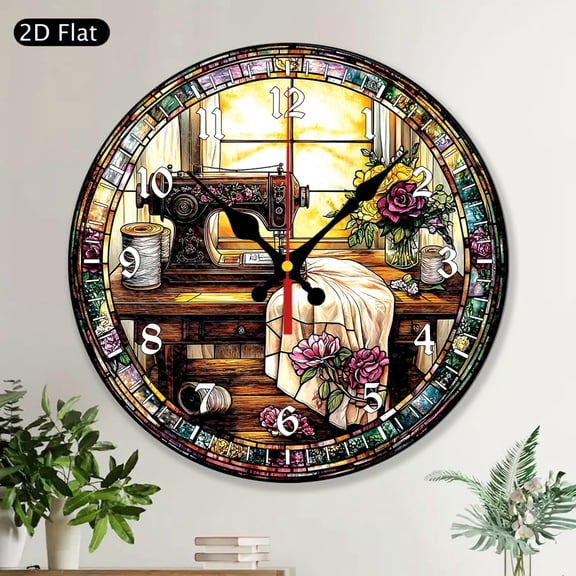 Round Wall Clock Sewing Machine Stained Glass Art Handmade for Quilter Sewing Room Craft Enthusiasts
