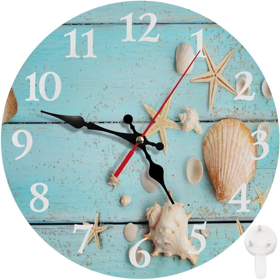 Round Wall Clock, Silent Non-Ticking Battery Operated Clock 10 Inch, Decor for Bathroom, Bedroom, Kitchen, Office or School Summer Beach Seashell