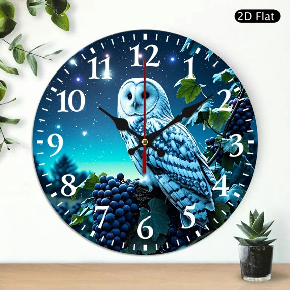 Round Wall Clock With Snowy Owl And Grapevine Design, Decorative Silent Non-Ticking Digital Clock For Home Decor, 10x10 Inch, 1pc, Battery Not Included