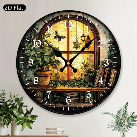 Round Wall Clock Stained Glass Bookshelf Library Decor Elegant Reading Nook Unique Gift for Book Lovers