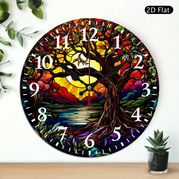 Round Wall Clock Stained Glass Sunset Tree Art Decorative Silent Non Ticking Quartz Clock for Home Kitchen Office 10x10 Inch 1pc Battery Not Included
