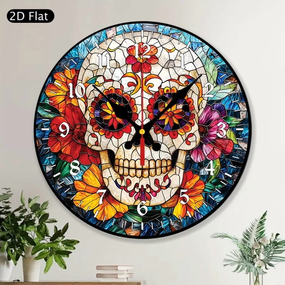 Round Wall Clock Sugar Skull Calavera Day of the Dead MDF Wood Gothic Halloween Home Decor Decorative Gift