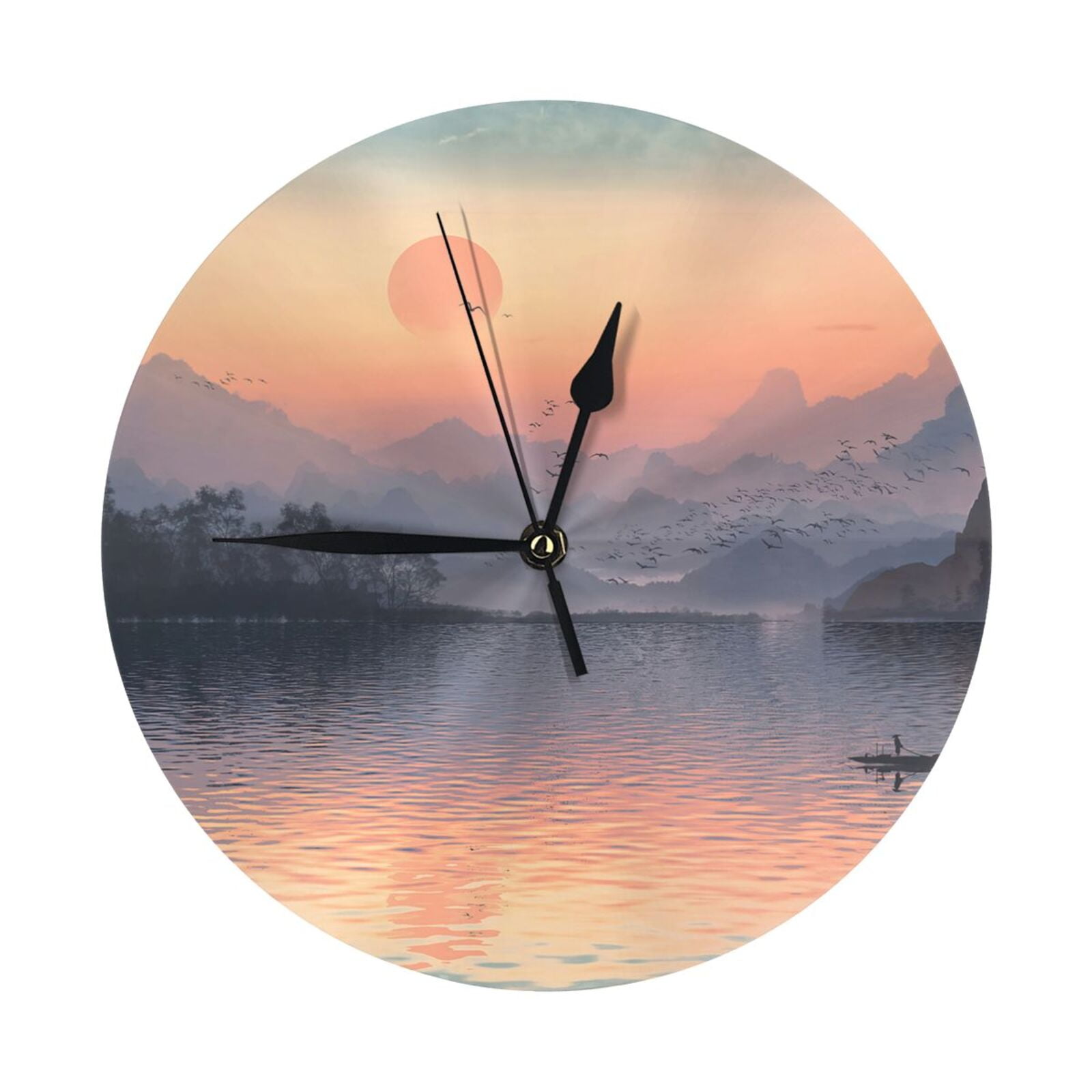 Round Wall Clock Sunset Lake Mountain Printed Decorative & Creative ...