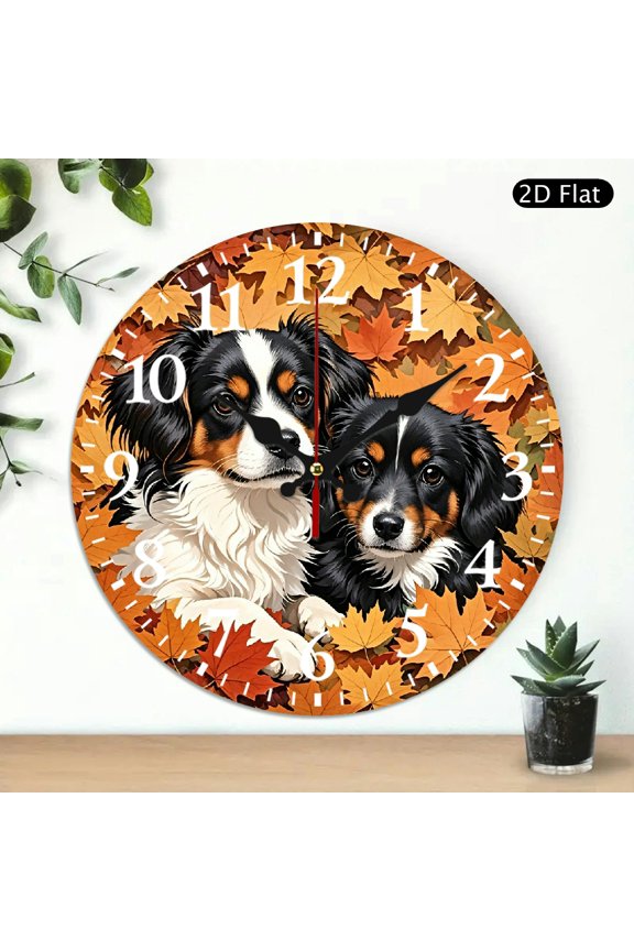 Round Wall Clock With Two Dogs In Autumn Leaves Pattern, Decorative Silent Non-Ticking Digital Clock For Living Room, 10x10 Inch, 1pc, Battery Not Included