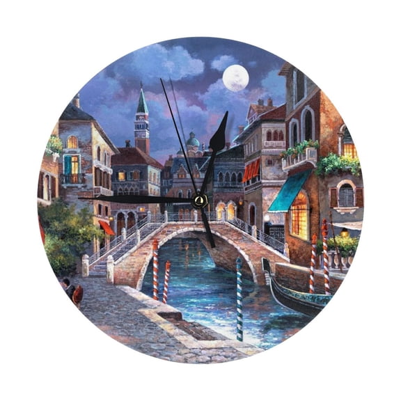 Round Wall Clock Venice Street Cafe Printed Decorative & Creative Dual-Purpose Clocks Battery Operated For Home/Office/Classroom/School Clock