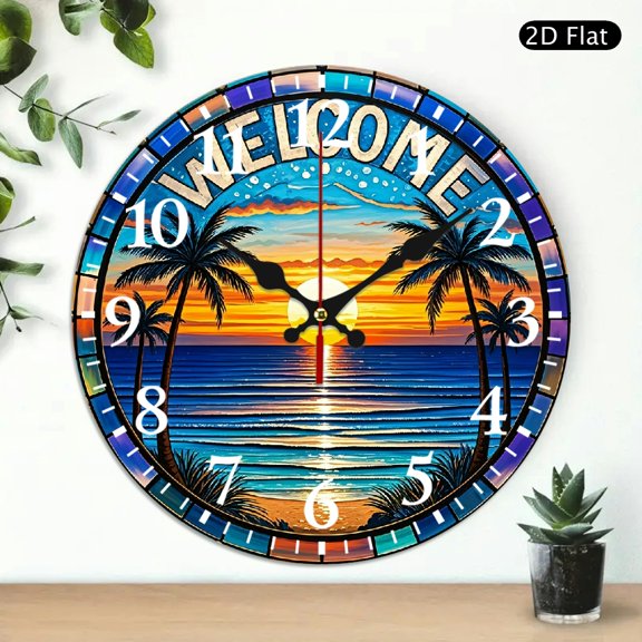 Round Wall Clock Welcome Tropical Beach Sunset Design Decorative Silent Non Ticking Clock 10x10 Inch 1pc Battery Not Included