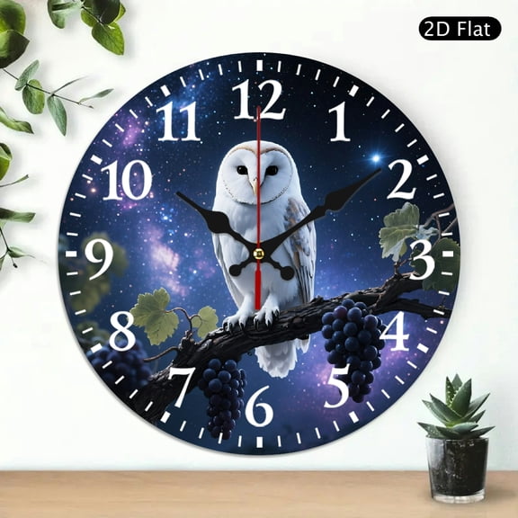 Round Wall Clock White Barn Owl Design Galaxy Night Sky Theme 10x10 Inch 1pc Battery Not Included
