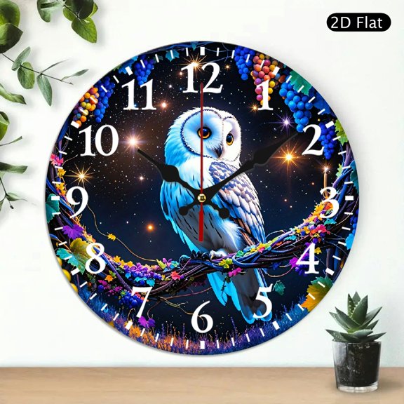 Round Wall Clock With Colorful Owl And Grapevine Design, Silent Non-Ticking Decorative Clock For Home Decor, 10x10 Inch, 1pc, Battery Not Included