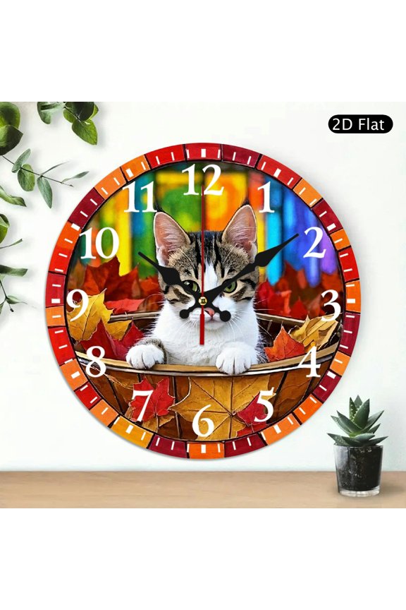 Round Wall Clock With Cute Kitten In Autumn Leaves Pattern, Decorative Digital Clock For Home Decor, 10x10 Inch, 1pc, Battery Not Included