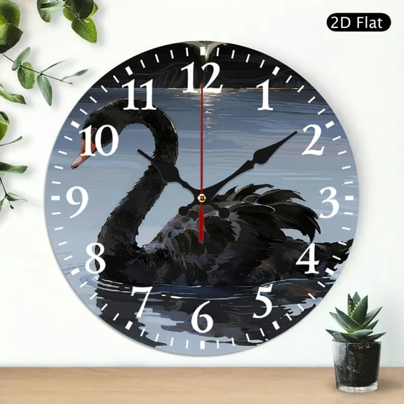 Round Wall Clock With Elegant Black Swan Pattern Decorative Home Decor 10x10 Inch 1pc Battery Not Included