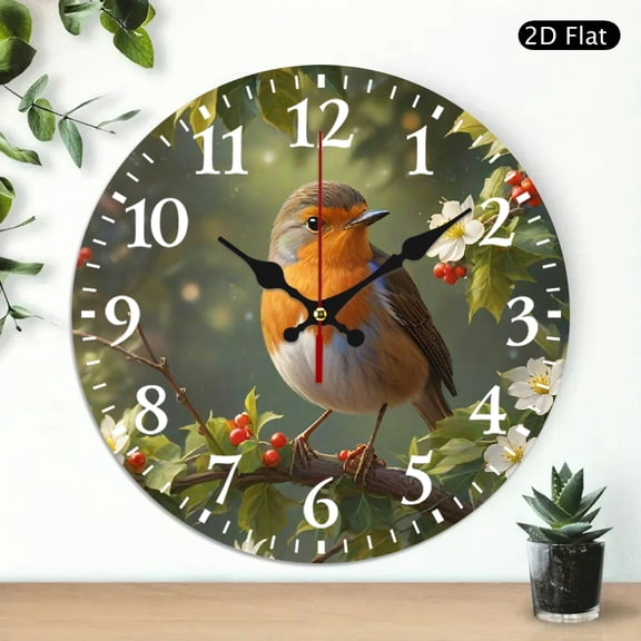 Round Wall Clock With European Robin Bird Pattern, Floral Nature Design For Home Decor, 10x10 Inch, 1pc, Battery Not Included