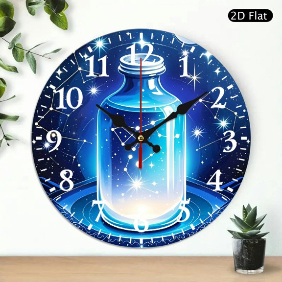 Round Wall Clock With Galaxy Constellation Bottle Pattern Decorative Silent Quartz Timepiece 10x10 Inch 1pc Battery Not Included
