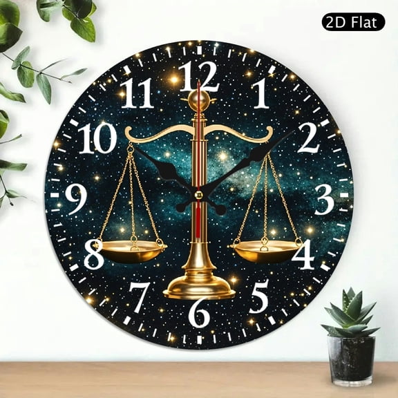 Round Wall Clock With Libra Scales And Starry Sky Design Decorative Analog Clock For Home Decor 10x10 Inch 1pc Battery Not Included