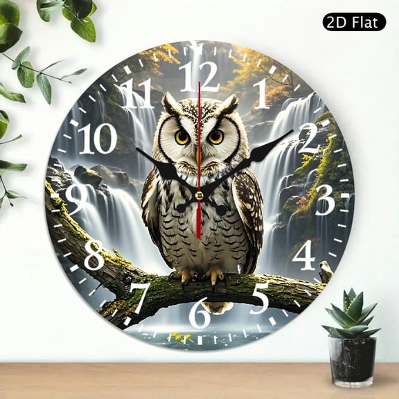 Round Wall Clock With Owl And Waterfall Print Decorative Silent Analog Clock 10x10 Inch 1pc Battery Not Included