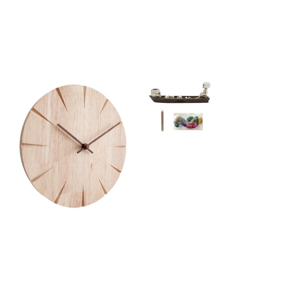 Round Wall Clock Wooden Skull Ship Incense Burner Silent Movement for Bedroom Living Room Study Decor