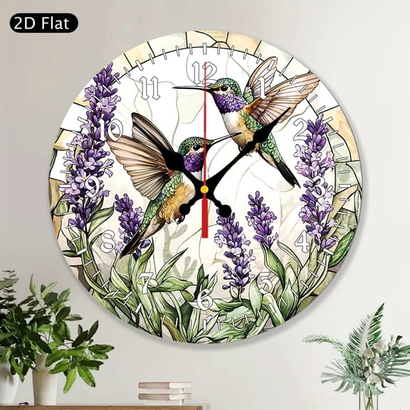 Round Wall Clock with Hummingbirds and Lavender Flowers Stained Glass Style, Decorative Garden Wall Art, Nature Inspired Home Decor, Bird Lover Gift