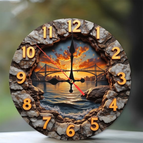Round Wall Clock with Sunset Bridge Scenery 10-Inch Silent Wooden Wall Clock, Battery Operated (AA Batteries Not Included), Artistic Home Decor