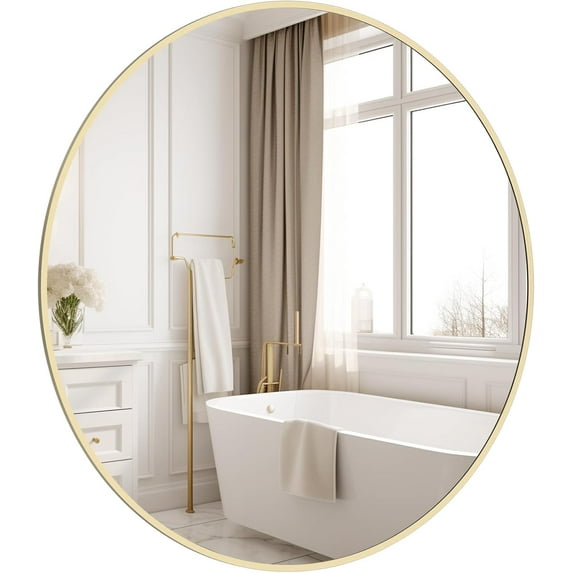 Round Wall Mirror 28" Gold Circle Mirror for Bathroom with Metal Framed, Round Gold Mirror for Wall Decor, Vanity, Entryway Living Room