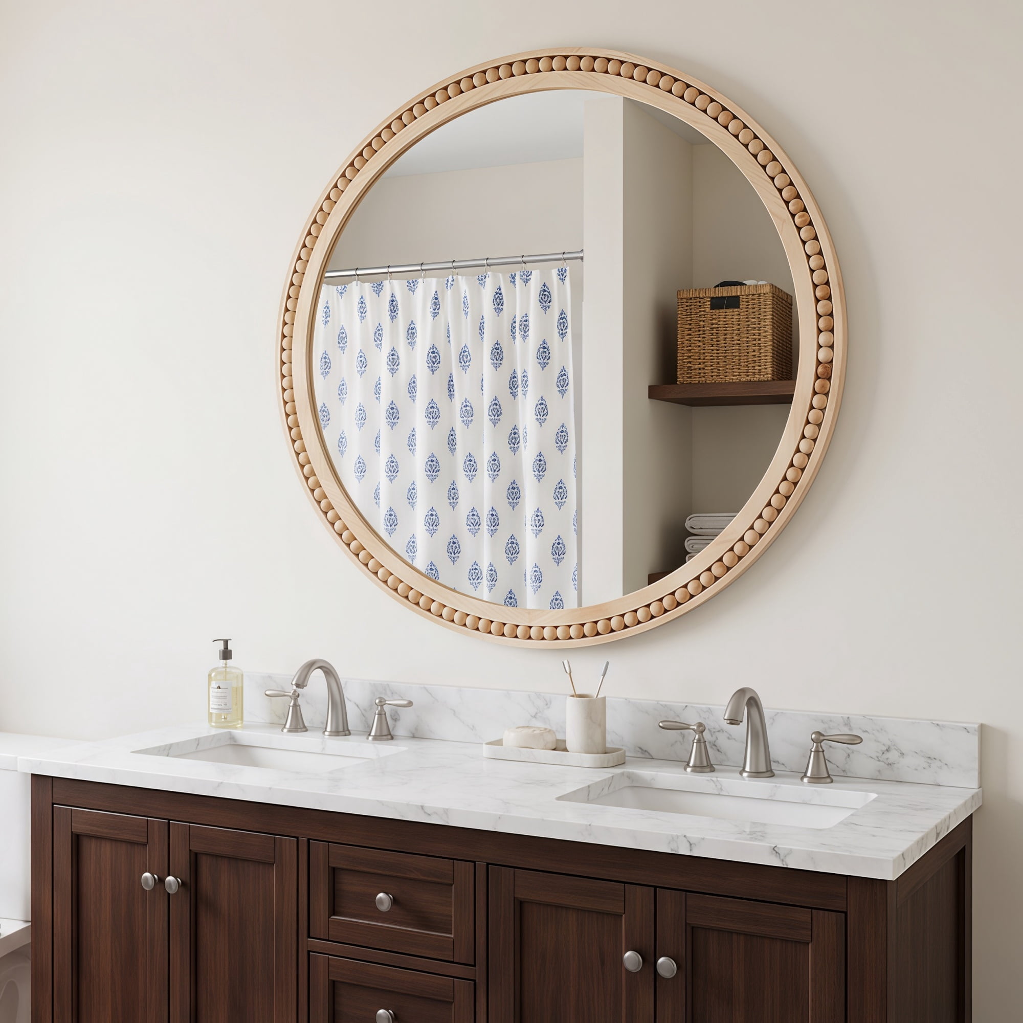 Round Wall Mirror 30 Inch, Solid Wood Framed Mirror with Beaded Trim, Rustic Farmhouse Decor Mirror for Entryway and Bathroom, Natural