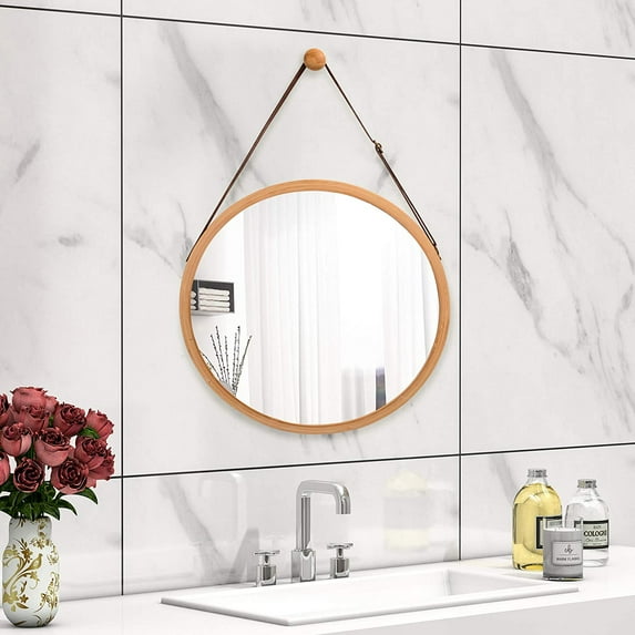 Round Wall Mirror- Circle 18 Inch Mirror Bamboo Frame with Adjustable Hanging Leather Strap for Bedroom Bathroom Living Room Entryway Vanity