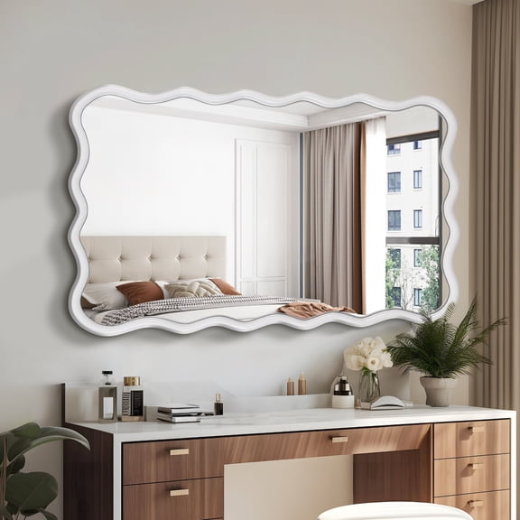 Round Wall Mirror Rectangular Solid Wood White for Bathroom, Bedroom, or Entryway