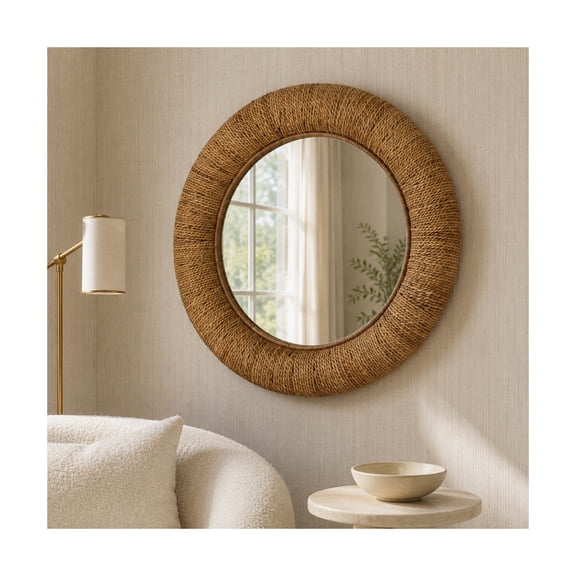 Sagebrook Home Round Wall Mirror with Woven Frame for Living Room Decor - Boho Modern Mirror for Bedroom, Office, and Home Entryway - 32", Brown