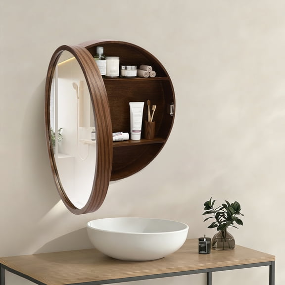 Round Wall Mounted Cabinet, Wood Bathroom Storage Cabinet with Mirror 19.68" Rustic Wooden Mirror Cabinet for Home, Hotel Bathroom (Walnut)