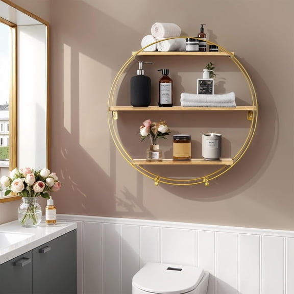 Round Wall Shelf Gold, 3 Tier Metal & Wood Circle Shelf Set, Round Shelves Wall Decor for Living Room,Bedroom,Bathroom (Gold)$$Home Decor, Kitchen, & Other
