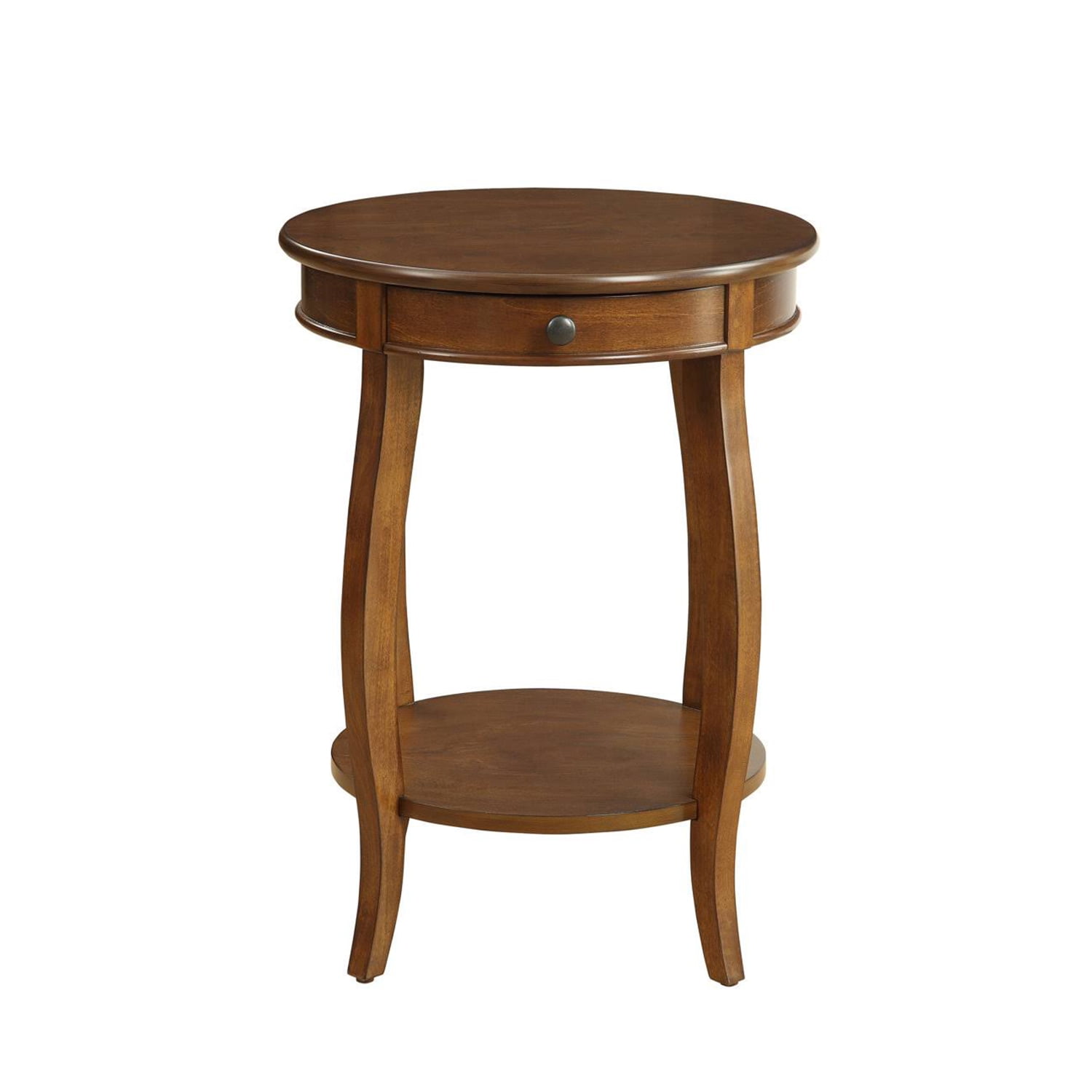 Round Walnut Accent Table with Drawer & Open Shelf - 18"W x 24"H Small Wood Side Table for Living Room, Bedroom, Entryway - Compact, Transitional Style