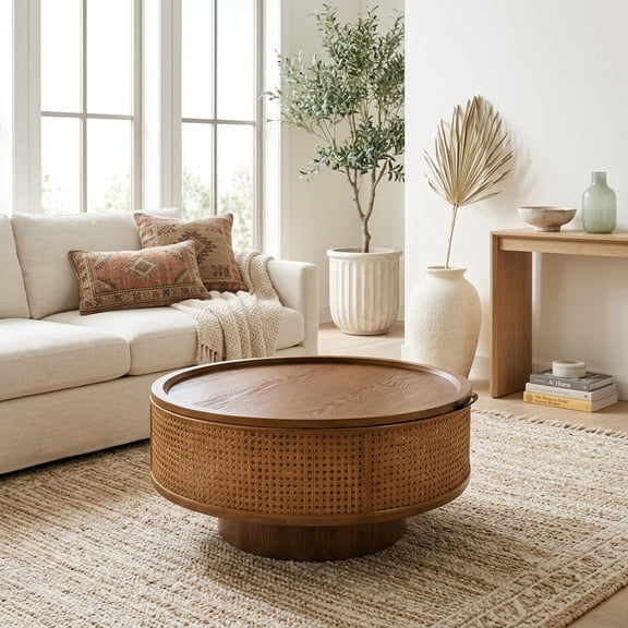 Round Walnut Brown Storage Coffee Table with Lift-Off Lid - Modern Farmhouse Design