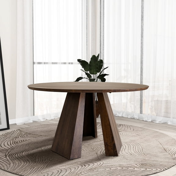 Round Walnut Dining Table - Mid-century Style Solid Pine Wood Compact For Small Areas Gorgeous Brown Appearance Modern Base Lovely Stain Finish