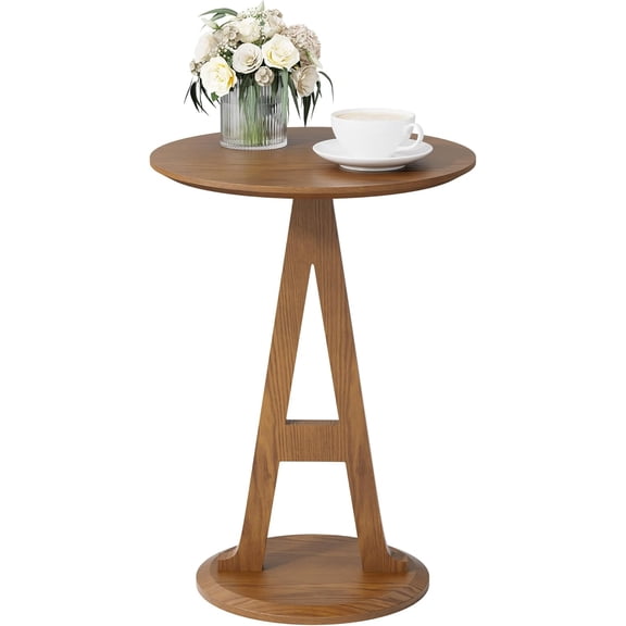 Round Walnut End Table, Unique Pedestal Side Table with Letter A Leg, Wooden Accent Drink Table for Couch, Living Room, Bedside Table for Small Spaces, Bedroom