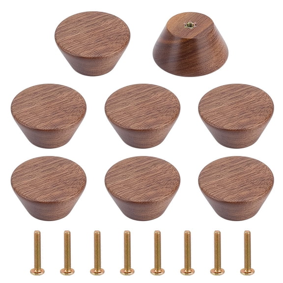 Round Walnut Wood Box Pull Handle Cabinet Door Handle Furniture Pull with Iron Screws Tan 40x20mm