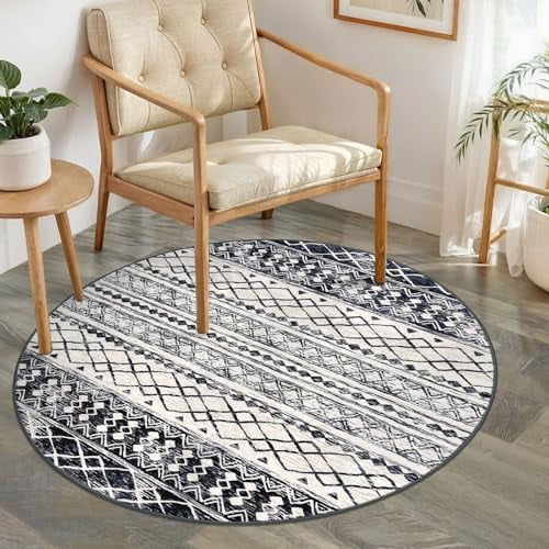Round Washable Rug 3Ft Boho Black Navy Blue Entryway Rugs, Moroccan Foyer Kitchen Carpet Non-Slip, Soft Distressed Geometric Low-Pile Circle Throw for Hallway Bedroom Nursery Dorm