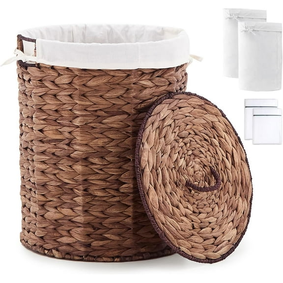 Round Water Hyacinth Laundry Hamper with Lid Handwoven Wicker Basket with Handles for Dirty Clothes, Storage, and Organization Ideal for Bedroom, Bathroom, and Laundry Room, No Assembly Required, 60L