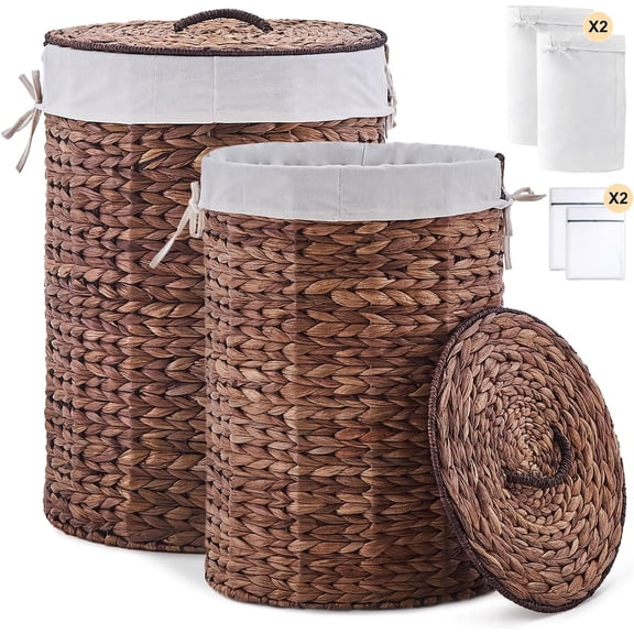 Round Water Hyacinth Laundry Hamper with Lid Handwoven Wicker Basket with Handles for Dirty Clothes, Storage, and Organization Ideal for Bedroom, Bathroom, and Laundry Room, No Assembly Required,