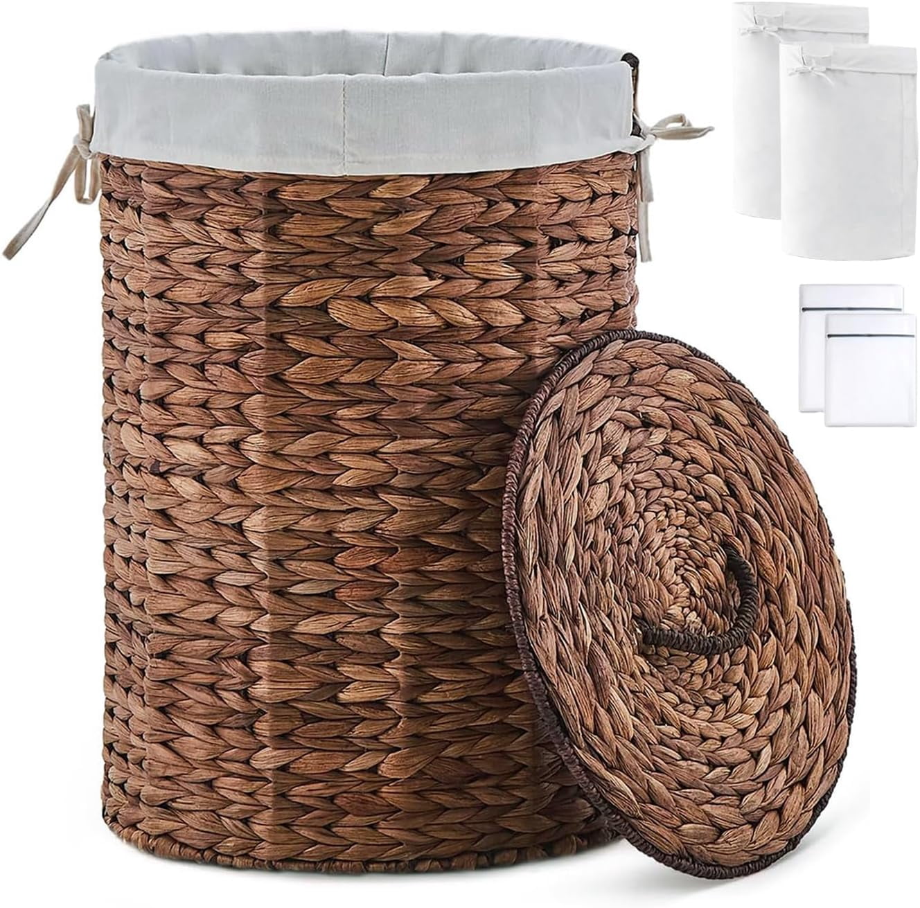 Round Water Hyacinth Laundry Hamper with Lid Handwoven Wicker Basket ...