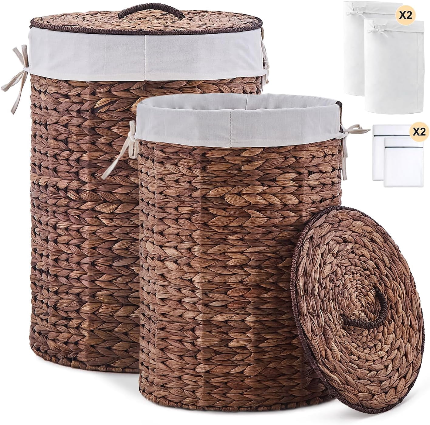BirdRock Home Divided Laundry Hamper | Hand-Woven Water Hyacinth | Includes 2 Removable Cotton Liners | Eco-Friendly Wicker Basket With Lid