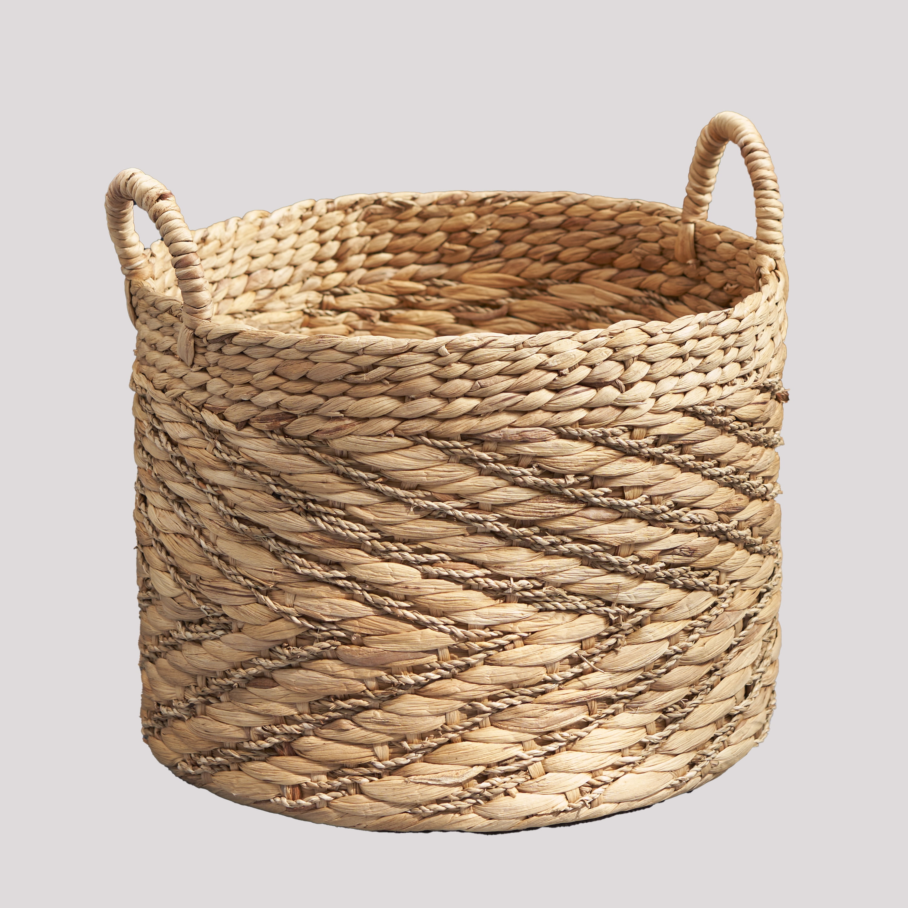 Round Water Hyacinth Seagrass Woven Storage Basket with Handles, 15"×15"×11.8" Natural Brown Handwoven Organizer Bin for Clothes Towels Toys Magazines Home Décor