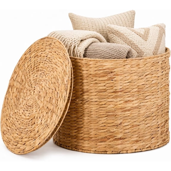 Round Water Hyacinth Storage Ottoman with Lid, Handwoven Water Hyacinth Footstool, Footrest and Side Table for Living Room Office (Natural-M)