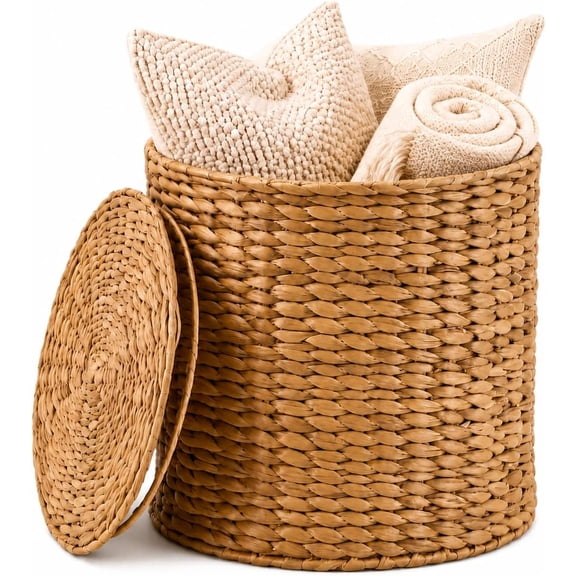 Round Water Hyacinth Storage Ottoman with Lid, Handwoven Water Hyacinth Footstool, Footrest and Side Table for Living Room Office(Natural-S)