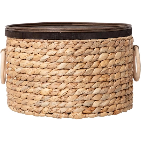 Round Water Hyacinth Wicker Storage Basket with Lid (Large) | Stackable handwoven decorative storage basket boxes with , tabletop container for nightstand, bathroom, kitchen & closet