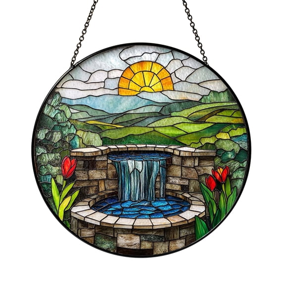 Round Waterfall Well Landscape Glass Suncatcher Window Decor, Tranquil Garden Scene Ornament Gift for Mother