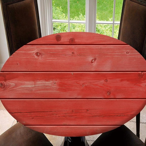 Round Waterproof Elastic Table Cover - Red Painted Wooden Tablecloth, Fitted for 32.2"-36.1" Tables, Picnic, Patio, Lodge Party Decor