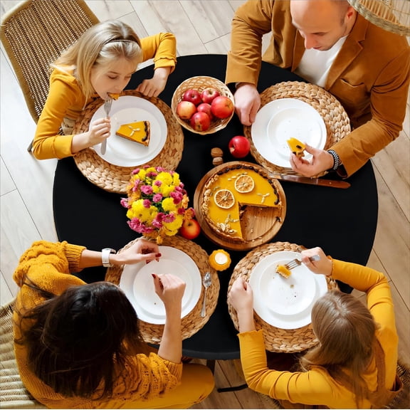 Round Waterproof Table Cover Elastic Vinyl Fitted Tablecloth Elastic Edged Plastic Table Cloth (Black, 4PCS Best for Up to 45"-56" Round)