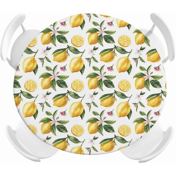 Round Waterproof Table Cover Tablecloth Vinyl Fitted Elastic Edged Plastic Table Cover Fits Tables up to 55"-60" Summer Lemon