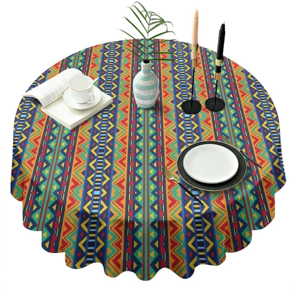 Round Waterproof Tablecloth 60×60 Inch, African Tribal Geometric Reusable Indoor/Outdoor Durable Table Cover for Party Kitchen Dinner Room Decor