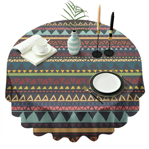 Round Waterproof Tablecloth 60×60 Inch, African Tribal Geometric Reusable Indoor/Outdoor Durable Table Cover for Party Kitchen Dinner Room Decor